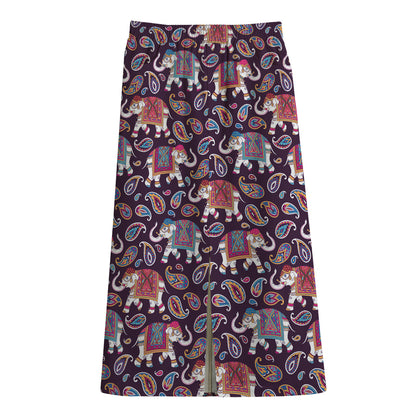Vintage Indian Elephant Pattern Print Cotton Front Slit Maxi Skirt