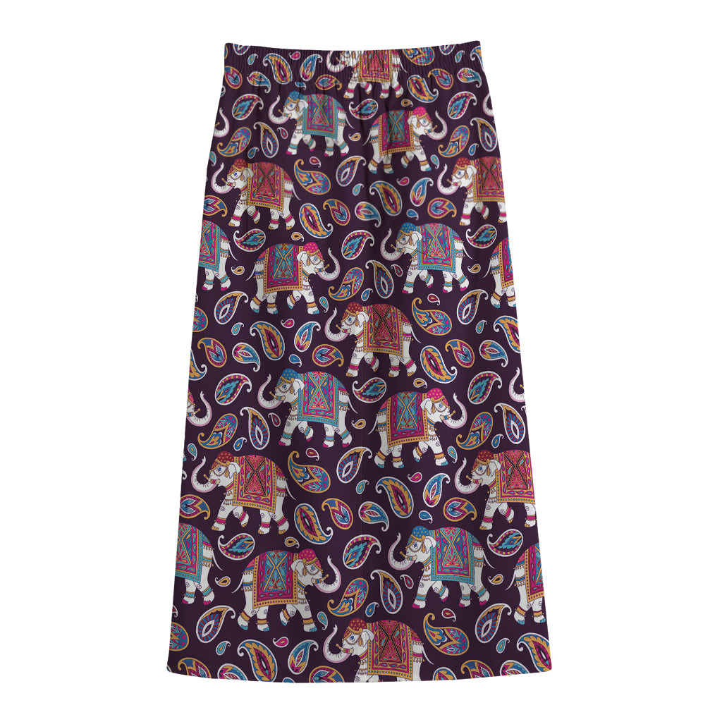 Vintage Indian Elephant Pattern Print Cotton Front Slit Maxi Skirt
