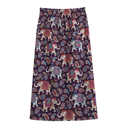 Vintage Indian Elephant Pattern Print Cotton Front Slit Maxi Skirt