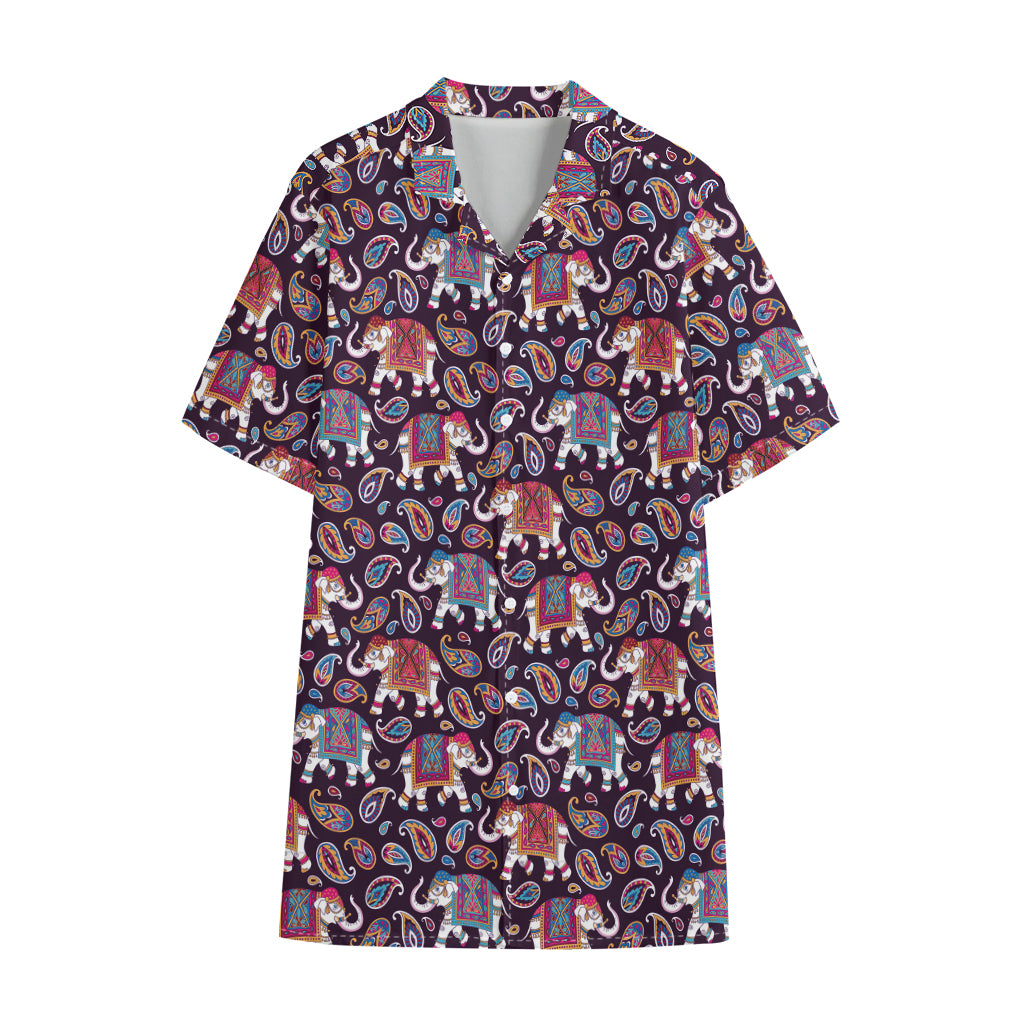 Vintage Indian Elephant Pattern Print Cotton Hawaiian Shirt