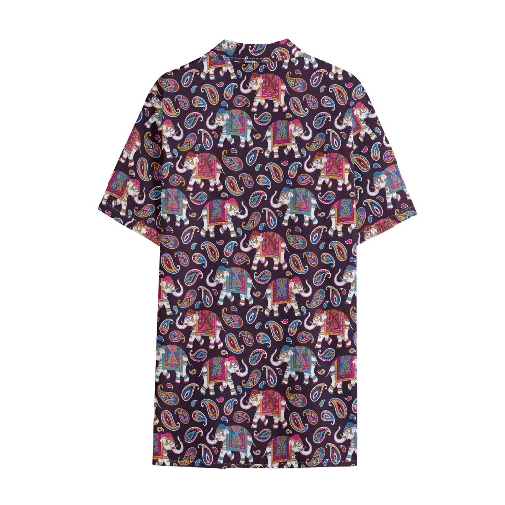 Vintage Indian Elephant Pattern Print Cotton Hawaiian Shirt