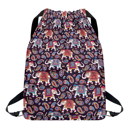 Vintage Indian Elephant Pattern Print Drawstring Backpack