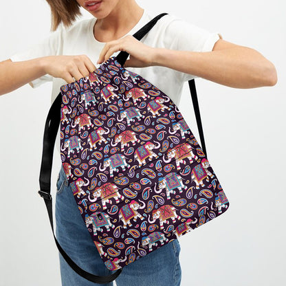 Vintage Indian Elephant Pattern Print Drawstring Backpack