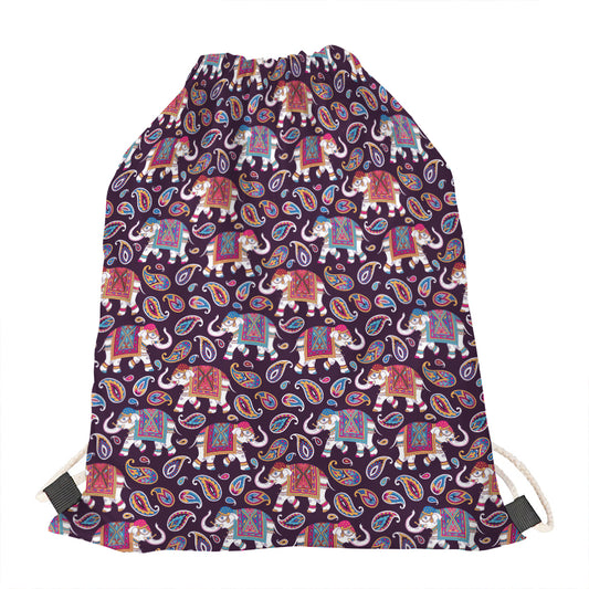 Vintage Indian Elephant Pattern Print Drawstring Bag
