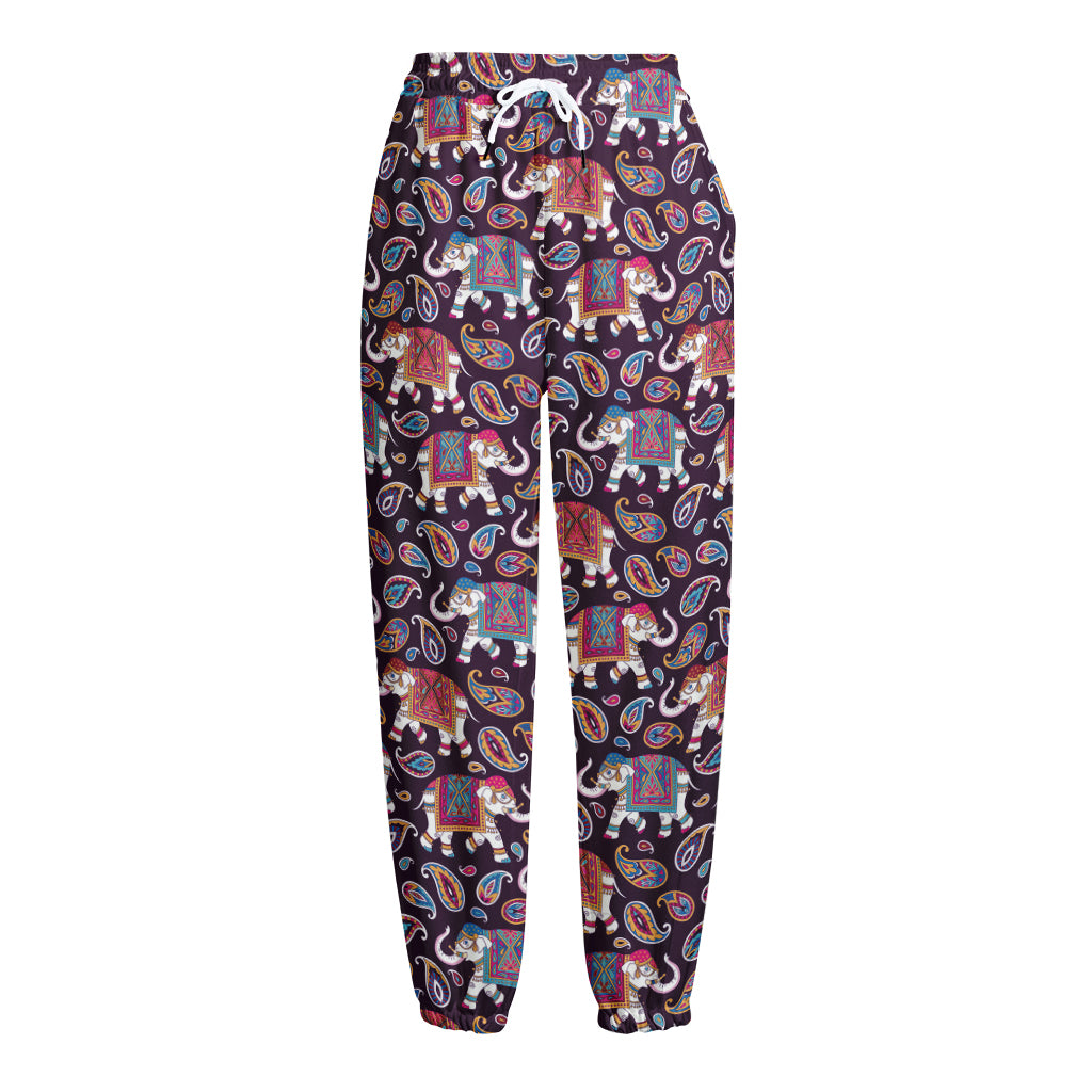 Vintage Indian Elephant Pattern Print Fleece Lined Knit Pants