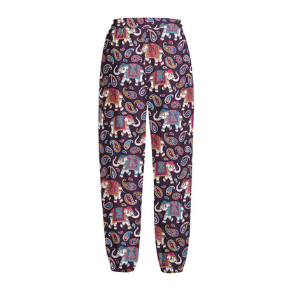 Vintage Indian Elephant Pattern Print Fleece Lined Knit Pants
