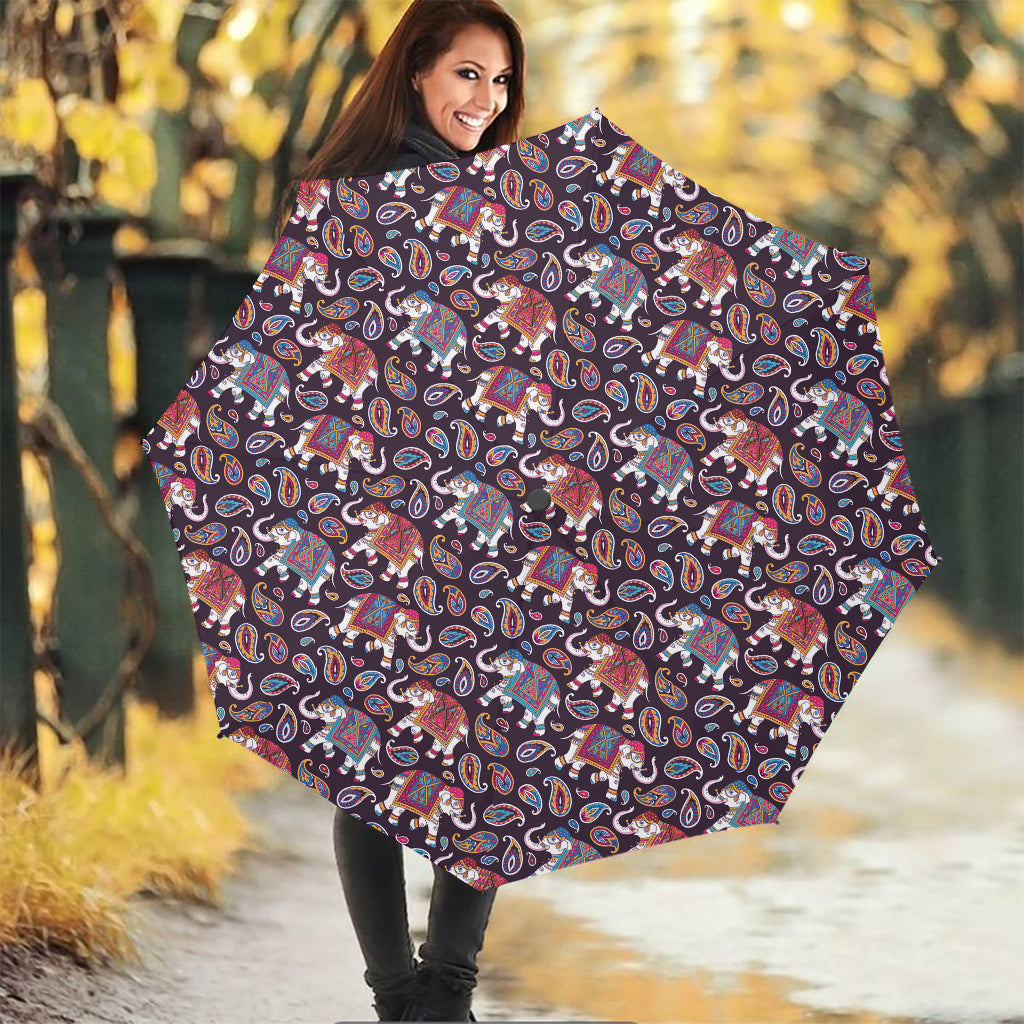 Vintage Indian Elephant Pattern Print Foldable Umbrella