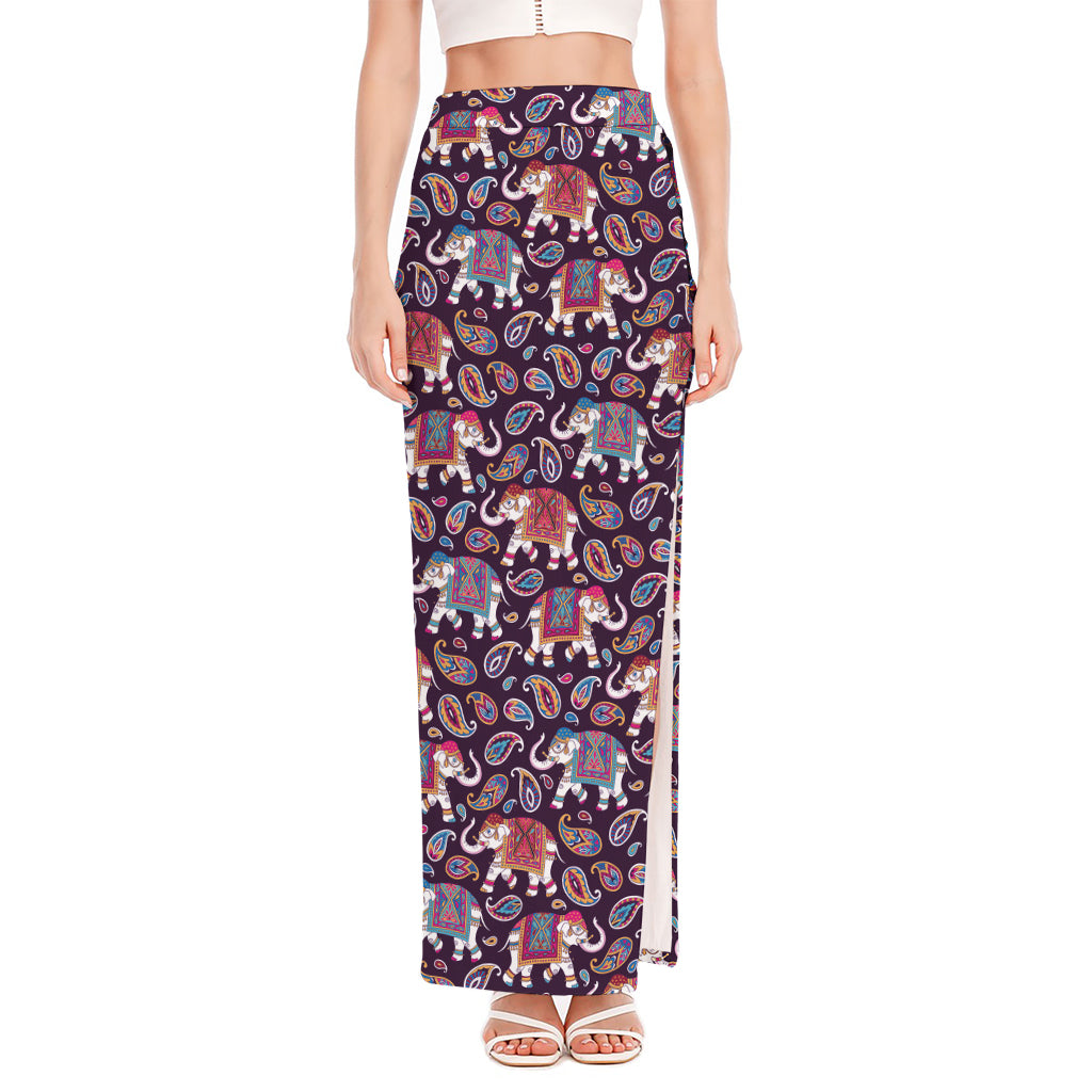 Vintage Indian Elephant Pattern Print High Slit Maxi Skirt