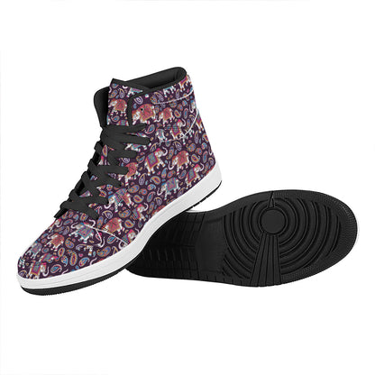 Vintage Indian Elephant Pattern Print High Top Leather Sneakers