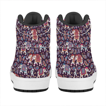 Vintage Indian Elephant Pattern Print High Top Leather Sneakers