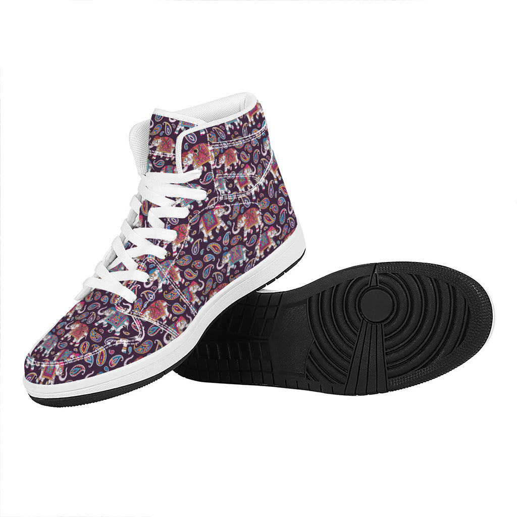 Vintage Indian Elephant Pattern Print High Top Leather Sneakers