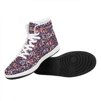 Vintage Indian Elephant Pattern Print High Top Leather Sneakers