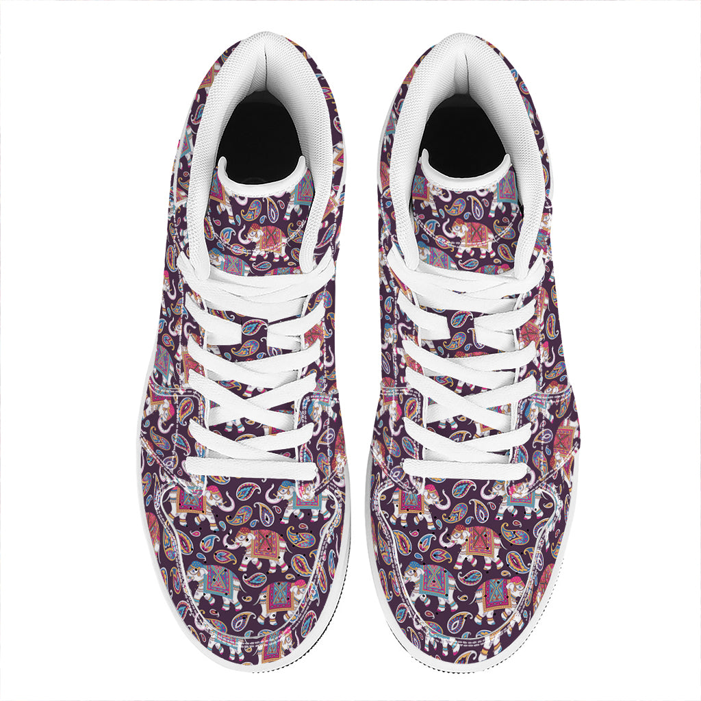 Vintage Indian Elephant Pattern Print High Top Leather Sneakers
