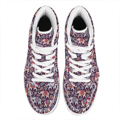Vintage Indian Elephant Pattern Print High Top Leather Sneakers