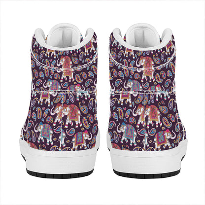 Vintage Indian Elephant Pattern Print High Top Leather Sneakers