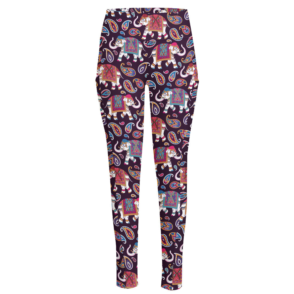 Vintage Indian Elephant Pattern Print High-Waisted Pocket Leggings