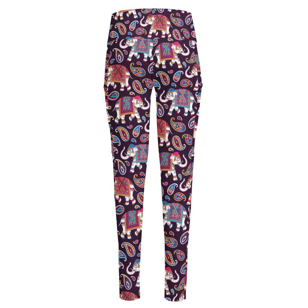 Vintage Indian Elephant Pattern Print High-Waisted Pocket Leggings