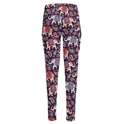 Vintage Indian Elephant Pattern Print High-Waisted Pocket Leggings