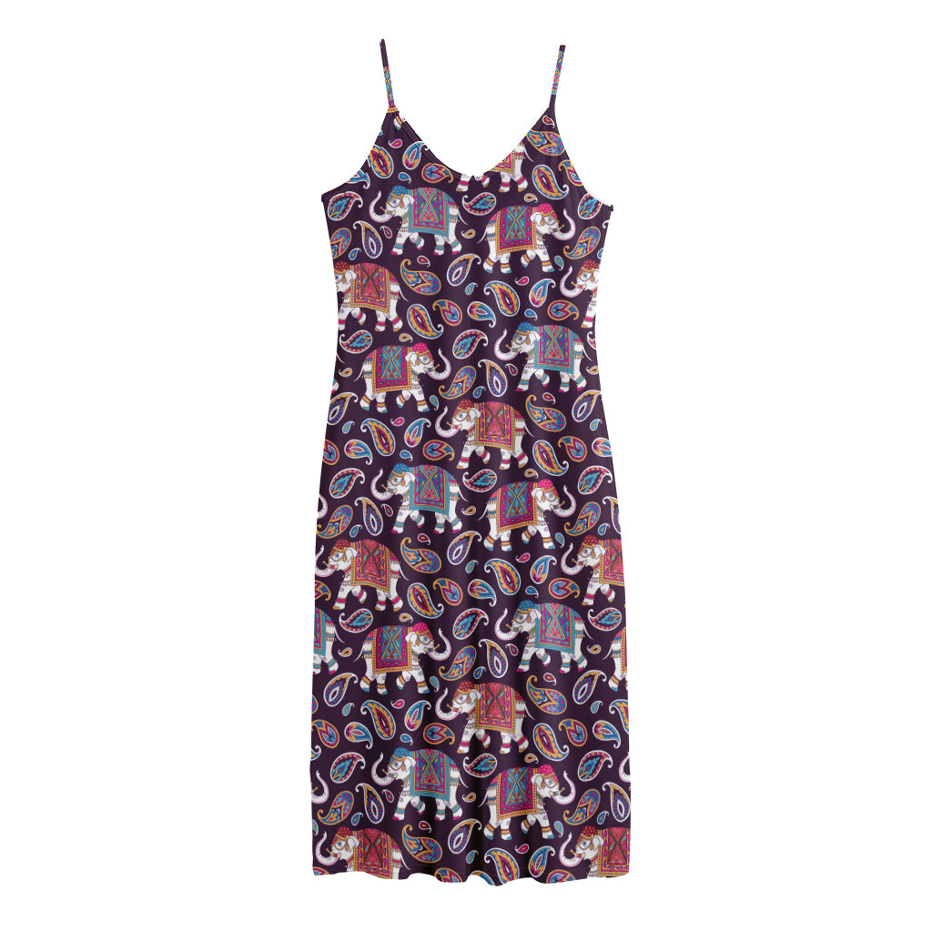 Vintage Indian Elephant Pattern Print Jersey Midi Cami Dress