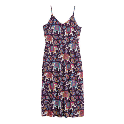 Vintage Indian Elephant Pattern Print Jersey Midi Cami Dress