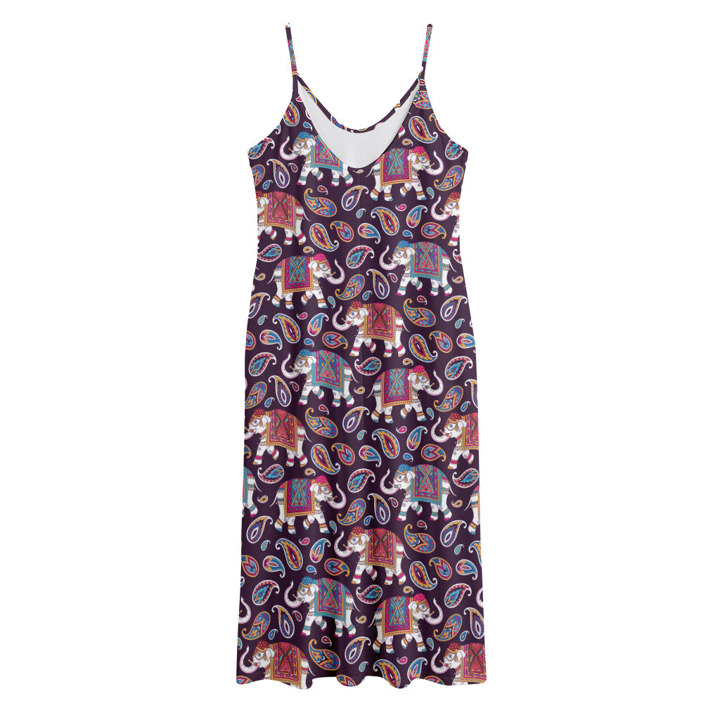 Vintage Indian Elephant Pattern Print Jersey Midi Cami Dress