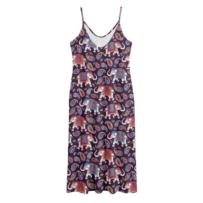 Vintage Indian Elephant Pattern Print Jersey Midi Cami Dress