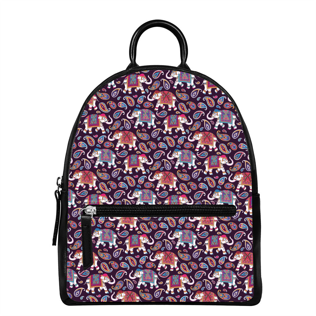 Vintage Indian Elephant Pattern Print Leather Backpack