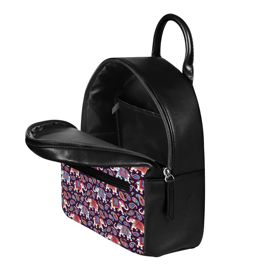 Vintage Indian Elephant Pattern Print Leather Backpack