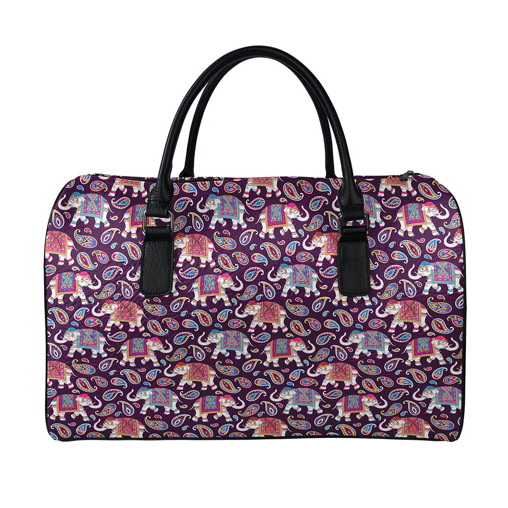 Vintage Indian Elephant Pattern Print Leather Duffle Bag