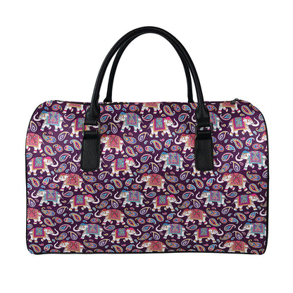 Vintage Indian Elephant Pattern Print Leather Duffle Bag