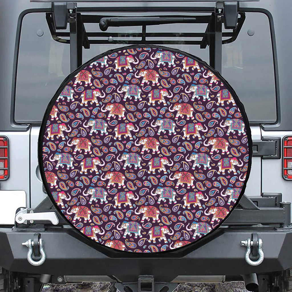 Vintage Indian Elephant Pattern Print Leather Spare Tire Cover