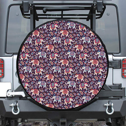 Vintage Indian Elephant Pattern Print Leather Spare Tire Cover
