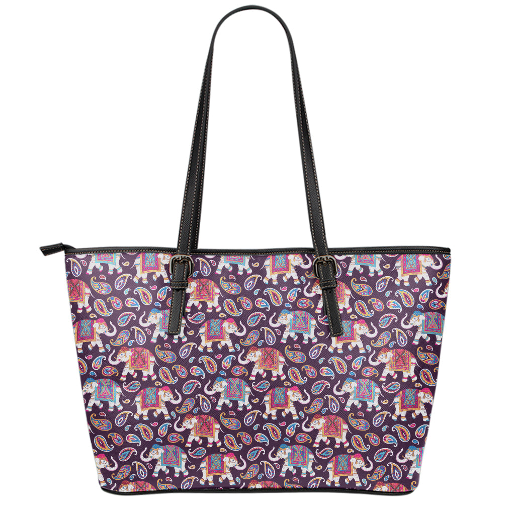 Vintage Indian Elephant Pattern Print Leather Tote Bag