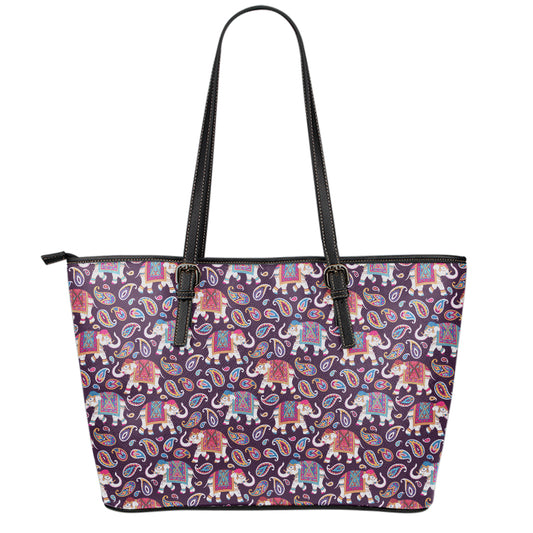 Vintage Indian Elephant Pattern Print Leather Tote Bag