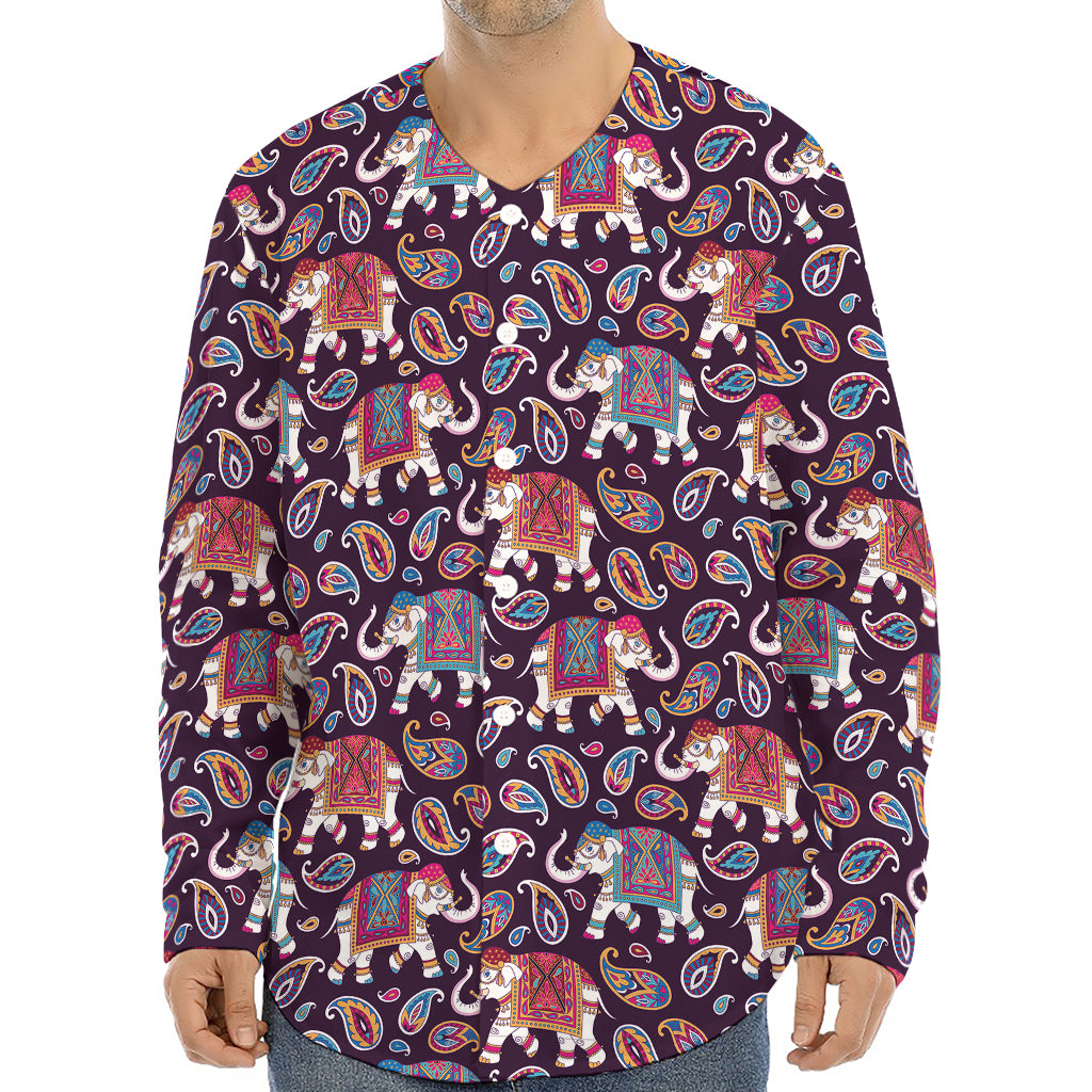 Vintage Indian Elephant Pattern Print Long Sleeve Baseball Jersey