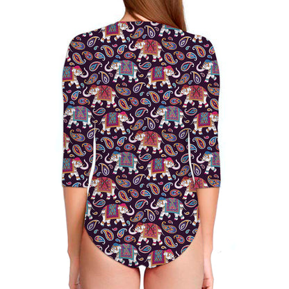 Vintage Indian Elephant Pattern Print Long Sleeve Swimsuit