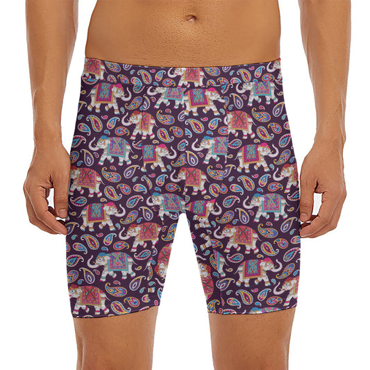 Vintage Indian Elephant Pattern Print Men's Long Boxer Briefs