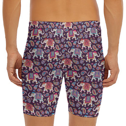 Vintage Indian Elephant Pattern Print Men's Long Boxer Briefs