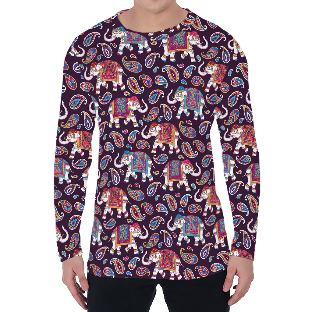 Vintage Indian Elephant Pattern Print Men's Long Sleeve T-Shirt