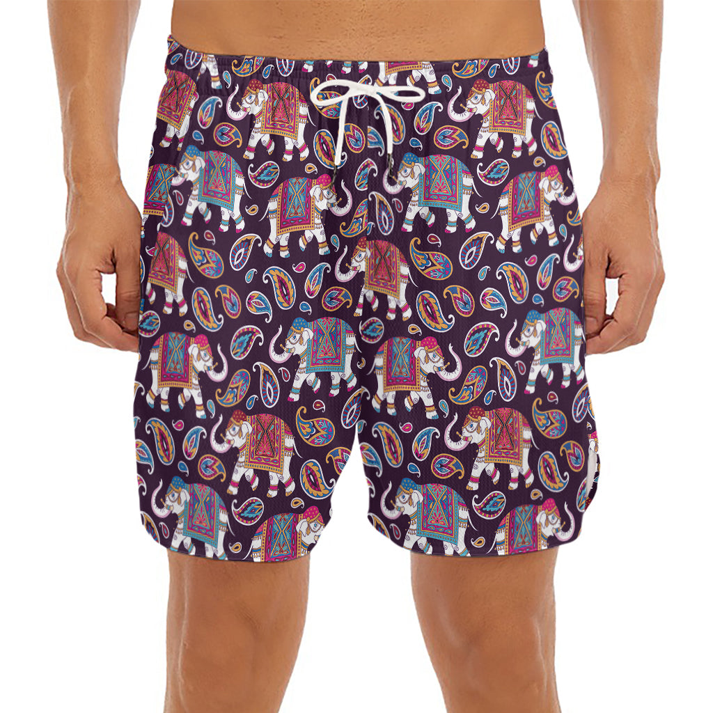 Vintage Indian Elephant Pattern Print Men's Split Running Shorts