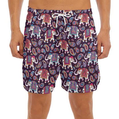 Vintage Indian Elephant Pattern Print Men's Split Running Shorts