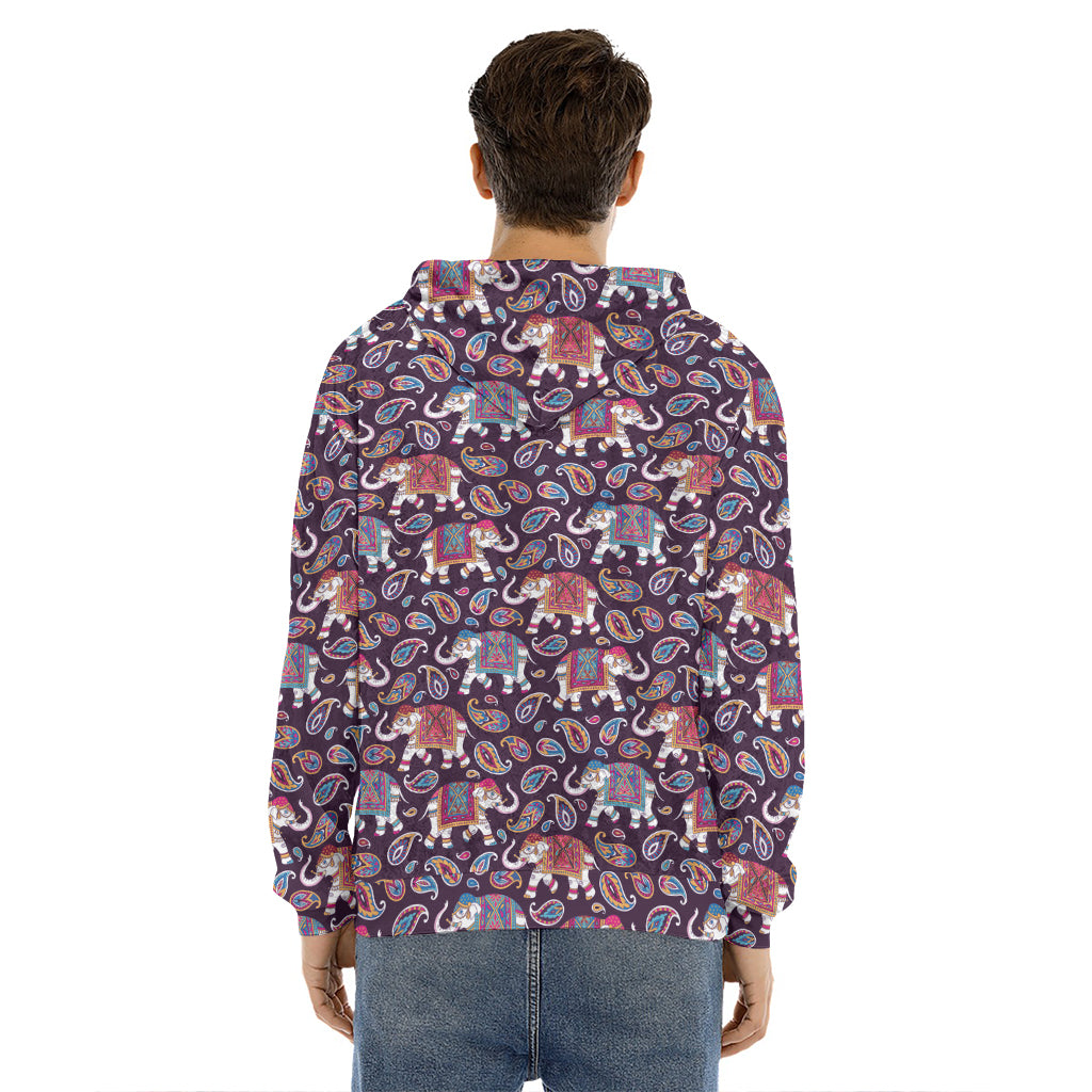 Vintage Indian Elephant Pattern Print Men's Velvet Pullover Hoodie