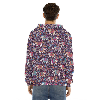 Vintage Indian Elephant Pattern Print Men's Velvet Pullover Hoodie
