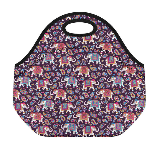 Vintage Indian Elephant Pattern Print Neoprene Lunch Bag