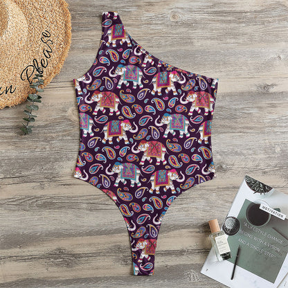 Vintage Indian Elephant Pattern Print One Shoulder Bodysuit