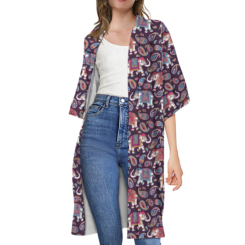 Vintage Indian Elephant Pattern Print Open Front Beach Cover Up