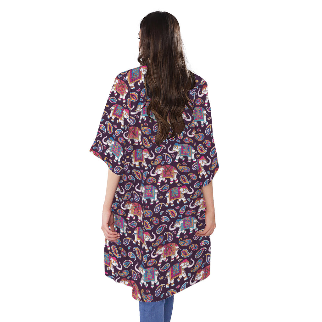 Vintage Indian Elephant Pattern Print Open Front Beach Cover Up
