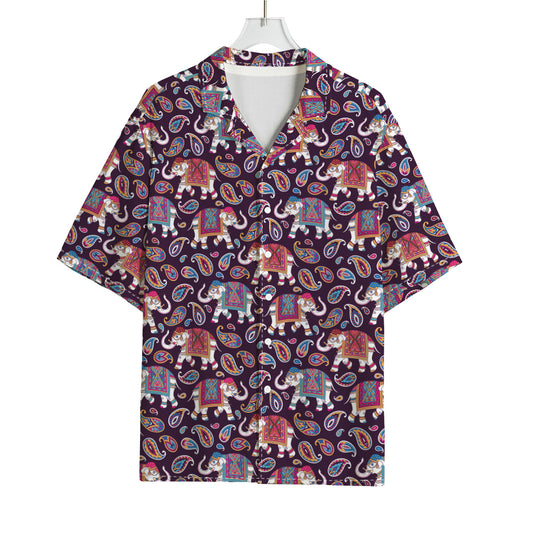 Vintage Indian Elephant Pattern Print Rayon Hawaiian Shirt