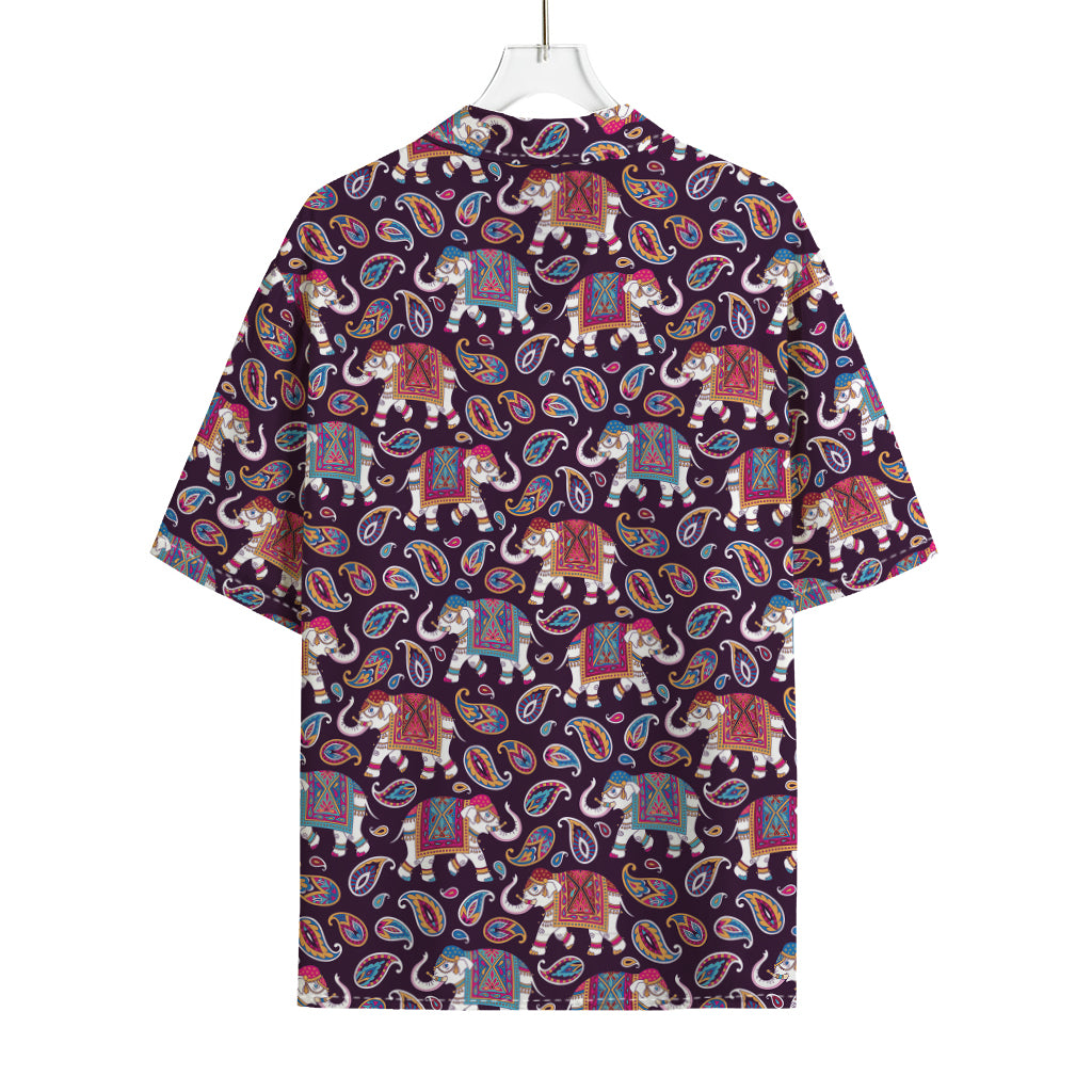 Vintage Indian Elephant Pattern Print Rayon Hawaiian Shirt