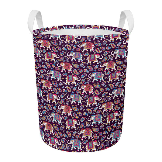 Vintage Indian Elephant Pattern Print Round Laundry Basket